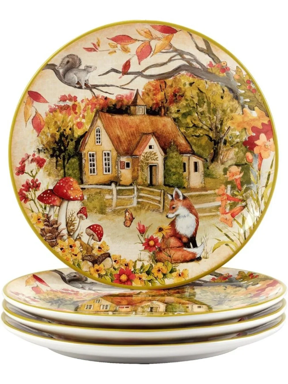 Whimsical Forest Animal Ceramic Dinner Plates Set of 4 – Nature-Inspired